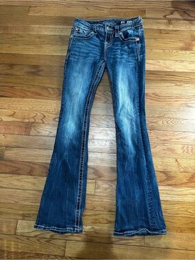 Miss Me Signature Boot Cut Jeans Y2K Low Rise Embroidered Rhinestone Bling 25